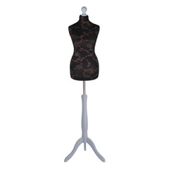 Display Guru Female Uk Size 12/14 Dressmakers Tailors Dummy Mannequin, Brown Flower on Black Torso Bust With Silver Wood Tripod Stand