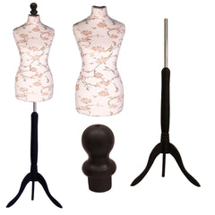 Display Guru Female Uk Size 8/10 Dressmakers Tailors Dummy Mannequin, Brown Flower on Cream Torso Bust With Black Wood Tripod Stand