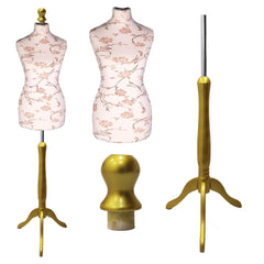 Display Guru Female Uk Size 12/14 Dressmakers Tailors Dummy Mannequin, Brown Flower on Cream Torso Bust With Gold Wood Tripod Stand