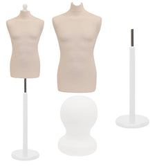 Display Guru Male Dressmakers Tailors Dummy Mannequin, Cream Torso Bust with White Wood Round Base Stand