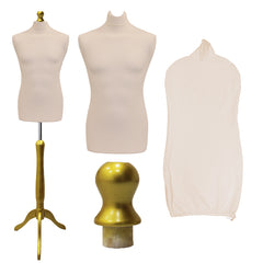 Display Guru Male Dressmakers Tailors Dummy Mannequin, Cream Torso Bust with Gold Wood Tripod Stand