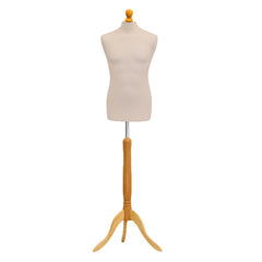 Display Guru Male Dressmakers Tailors Dummy Mannequin, Cream Torso Bust with Light Wood Tripod Stand