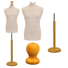 Display Guru Male Dressmakers Tailors Dummy Mannequin, Cream Torso Bust with Light Wood Round Base Stand