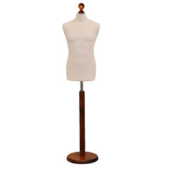 Display Guru Male Dressmakers Tailors Dummy Mannequin, Cream Torso Bust with Dark Wood Round Base Stand
