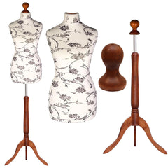 Display Guru Female Uk Size 16/18 Dressmakers Tailors Dummy Mannequin, Black Flower on cream Torso Bust With Dark Wood Tripod Stand
