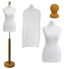 White Tailors Dummy with a Light Wood Round Stand