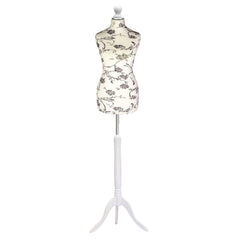 Display Guru Uk Size 6/8 Female Dressmakers Tailors Dummy Mannequin, Black Flower on Cream Torso Bust With White Wood Tripod Stand