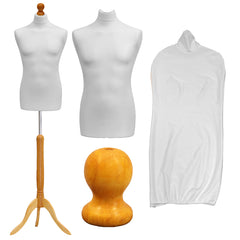 Display Guru Male Dressmakers Tailors Dummy Mannequin, White Torso Bust With Light Wood Tripod Stand