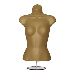 Display Guru Half Body Form 3 Quarter Gold Female Hanging Mannequin With Adjustable Stand for Shop Bust Display