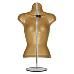 Display Guru Half Body Form 3 Quarter Gold Female Hanging Mannequin With Adjustable Stand for Shop Bust Display