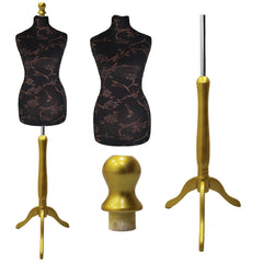 Display Guru Female Uk Size 16/18 Dressmakers Tailors Dummy Mannequin, Brown Flower on Black Torso Bust With Gold Wood Tripod Stand