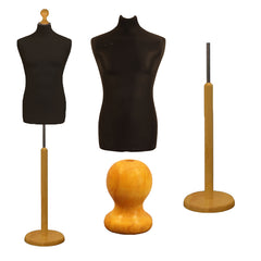 Display Guru Male Dressmakers Tailors Dummy Mannequin, Black Torso Bust with Light Wood Round Base Stand