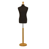 Display Guru Male Dressmakers Tailors Dummy Mannequin, Black Torso Bust with Light Wood Round Base Stand