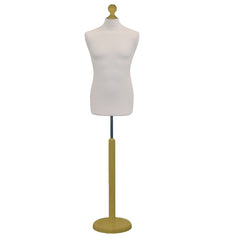 Display Guru Male Dressmakers Tailors Dummy Mannequin, Cream Torso Bust with Gold Wood Round Base Stand