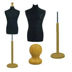 Display Guru Male Dressmakers Tailors Dummy Mannequin, Black Torso Bust with Gold Wood Round Base Stand