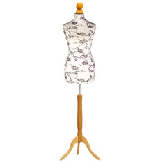 Display Guru Uk Size 6/8 Female Dressmakers Tailors Dummy Mannequin, Black Flower on Cream Torso Bust With Light Wood Tripod Stand