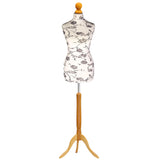 Display Guru Female Uk Size 10/12 Dressmakers Tailors Dummy Mannequin, Black Flower on Cream Torso Bust With Light wood Tripod Stand