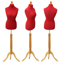 Display Guru Female Uk Size 12/14 Dressmakers Tailors Dummy Mannequin, Red Torso Bust With Light Wood Tripod Stand