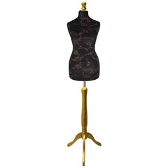 Display Guru Female Uk Size 18/20 Dressmakers Tailors Dummy Mannequin, Brown Flower on Black Torso Bust With Gold Wood Tripod Stand