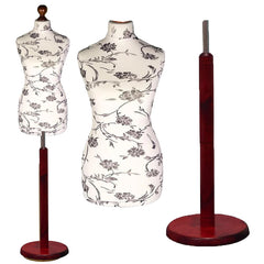 Display Guru Female Uk Size 8/10 Dressmakers Tailors Dummy Mannequin , Black flower on Cream Torso Bust with Red Wood Round Base