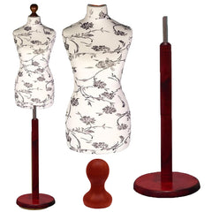 Display Guru Female Uk Size 12/14 Dressmakers Tailors Dummy Mannequin , Black Flower on Cream Torso Bust with Red Wood Round Base