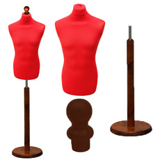 Display Guru Male Dressmakers Tailors Dummy Mannequin, Red Torso Bust with Dark Wood Round Base Stand