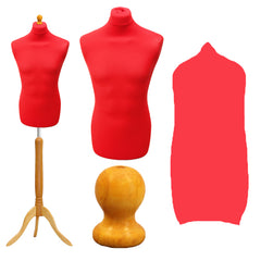 Display Guru Male Dressmakers Tailors Dummy Mannequin, Red Torso Bust with Light Wood Tripod Stand