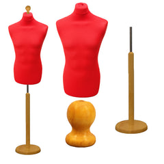 Display Guru Male Dressmakers Tailors Dummy Mannequin, Red Torso Bust with Light Wood Round Base Stand
