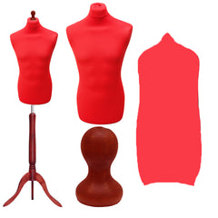 Display Guru Male Dressmakers Tailors Dummy Mannequin, Red Torso Bust with Red Wood Tripod Stand