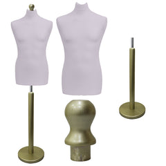 Display Guru Male Dressmakers Tailors Dummy Mannequin, Silver Torso Bust with Gold Wood Round Base Stand