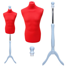 Display Guru Male Dressmakers Tailors Dummy Mannequin, Red Torso Bust with Silver Wood Tripod Stand
