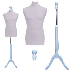 Display Guru Male Dressmakers Tailors Dummy Mannequin, Silver Torso Bust with Silver Wood Tripod Stand