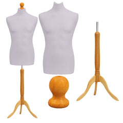 Display Guru Male Dressmakers Tailors Dummy Mannequin, Silver Torso Bust with Light Wood Tripod Stand