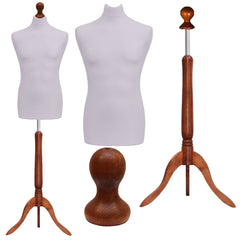 Display Guru Male Dressmakers Tailors Dummy Mannequin, Silver Torso Bust with Dark Wood Tripod Stand