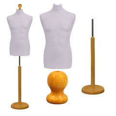 Display Guru Male Dressmakers Tailors Dummy Mannequin, Silver Torso Bust with Light Wood Round Base Stand