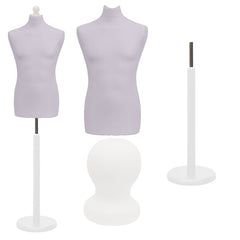 Display Guru Male Dressmakers Tailors Dummy Mannequin, Silver Torso Bust with White Wood Round Base Stand