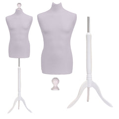 Display Guru Male Dressmakers Tailors Dummy Mannequin, Silver Torso Bust with White Wood Tripod Stand