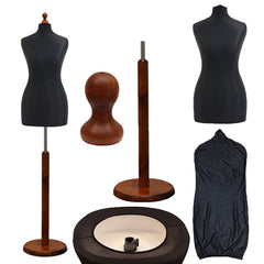 Display Guru Female Uk Size 18/20 Dressmakers Tailors Dummy Mannequin Black Torso Bust with Dark Wood Round Base