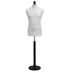 Display Guru Male Dressmakers Tailors Dummy Mannequin, White Torso Bust with Black Wood Round Base Stand