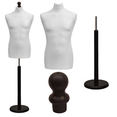 Display Guru Male Dressmakers Tailors Dummy Mannequin, White Torso Bust with Black Wood Round Base Stand