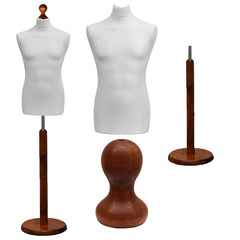 Display Guru Male Dressmakers Tailors Dummy Mannequin, White Torso Bust with Dark Wood Round Base Stand