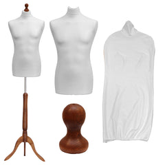 Display Guru Male Dressmakers Tailors Dummy Mannequin, White Torso Bust With Dark Wood Tripod Stand