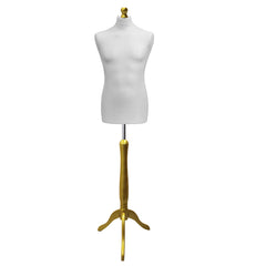 Display Guru Male Dressmakers Tailors Dummy Mannequin, White Torso Bust With Gold Wood Tripod Stand