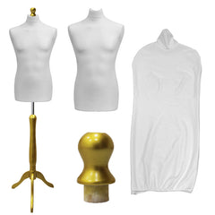Display Guru Male Dressmakers Tailors Dummy Mannequin, White Torso Bust With Gold Wood Tripod Stand
