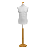 Display Guru Male Dressmakers Tailors Dummy Mannequin, White Torso Bust with Light Wood Round Base Stand