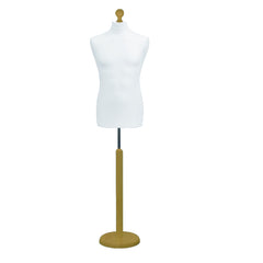 Display Guru Male Dressmakers Tailors Dummy Mannequin, White Torso Bust with Gold Wood Round Base Stand