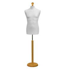 Display Guru Male Dressmakers Tailors Dummy Mannequin, White Torso Bust with Light Wood Round Base Stand