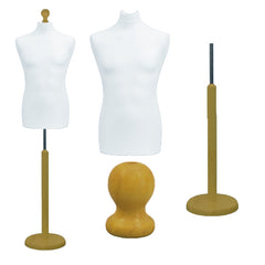 Display Guru Male Dressmakers Tailors Dummy Mannequin, White Torso Bust with Gold Wood Round Base Stand