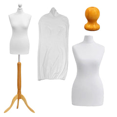 Display Guru Female Uk Size 16/18 Dressmakers Tailors Dummy Mannequin, White Torso Bust With Light Wood Tripod Stand