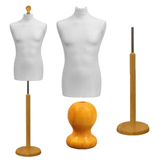 Display Guru Male Dressmakers Tailors Dummy Mannequin, White Torso Bust with Light Wood Round Base Stand